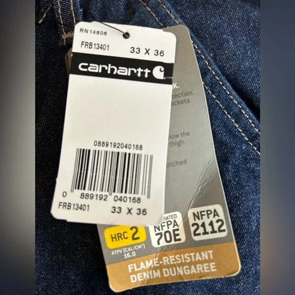 Carhartt Flame Resistant Denim Dungarees 2 Piece Bundle Size 33x36